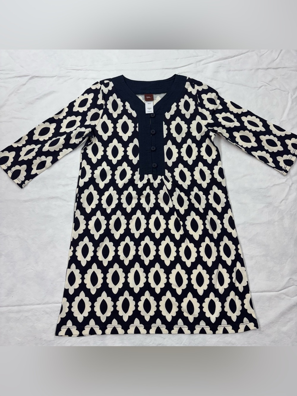 Tea Collection Girls Navy and Cream Patterned Long Sleeve Dress Size 6